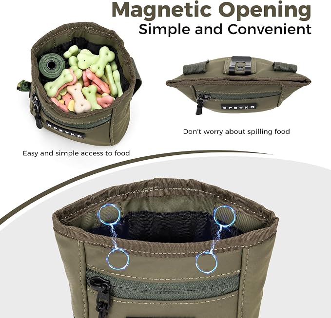 Dog Treat Pouch, Powerful Magnet Closure Device Dog Training Treat Bag Large Capacity Pet Treat Pouch with Poop Bag Dispenser Treat Bag for Dog Training with Metal Waistband Clip (Green)