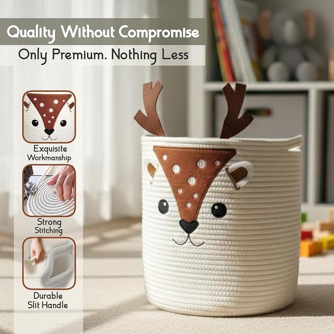 Storage Basket, Large 14” x 12” Woven Cotton Rope Bin with Deer Design, Cutout Handles, Decorative Storage Organizer for Home Use, Laundry, Clothes & Household Items, Foldable & Washable (Deer)