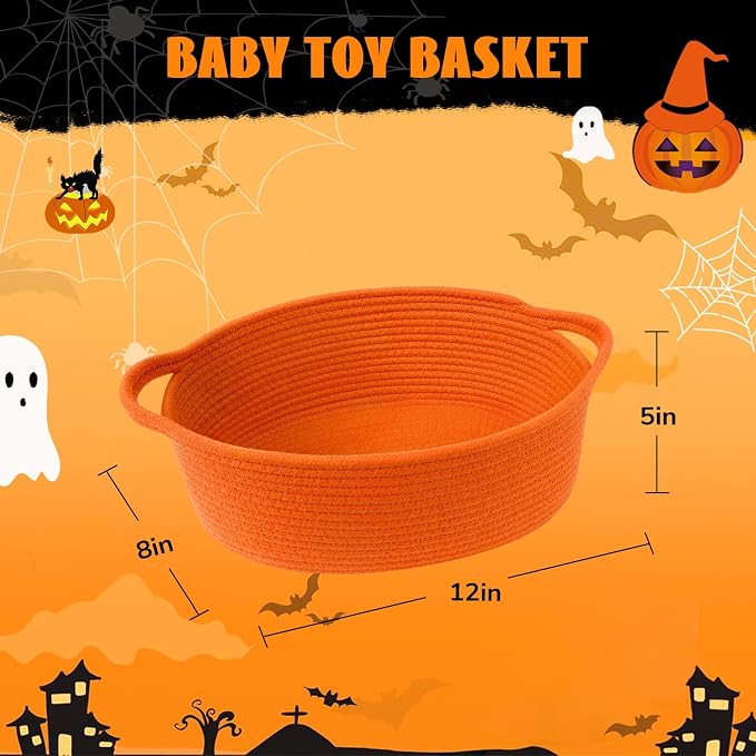 Goodpick Woven Rope Halloween Basket for Gifts Empty, 12" x 8" x 5", Orange | Small Boho Basket for Candy Snacks Treats Storage, Fits Living Room Nursery Halloween Decor, with Durable Handles