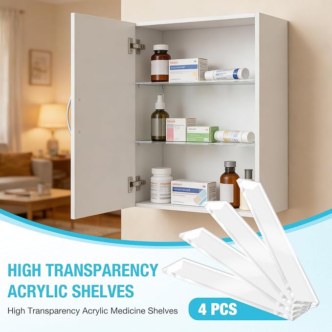 4 Pcs Medicine Cabinet Shelves Replacement, Acrylic | 13 Inch Acrylic Replacement Organizer for Bathroom Living Room Wall Mounted Shelves for Kitchen Cabinet (Clear)