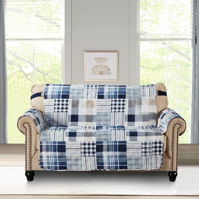 Brilliant Sunshine Blue Plaids & Stripes Patchwork Loveseat Cover, 54" seat | Quilted Sofa Cover, Living Room & Bedroom Furniture Protector, Large Washable Love Seat Slipcover for Pets, Dogs & Cats