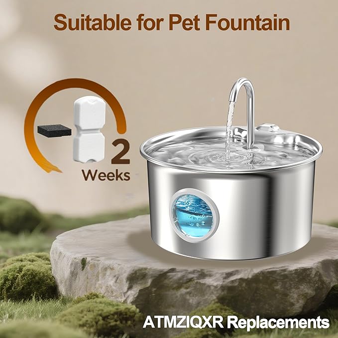Pet Water Fountain Filters: 24 Per Fountain Filter Replacement - 6 Months Set of Replacement Filters for ATMZIQXR S18 - Contains 12 Carbon Filters + 12 Sponges Filters