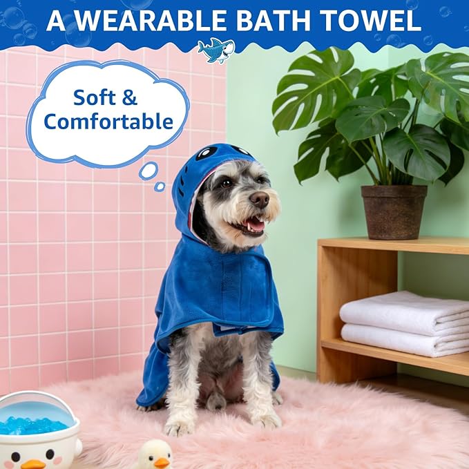 SCENEREAL Dog Bathrobe Fast Drying Towel Microfiber Dog Towel Robe with Hook and Loop Closure & Wrap Tie Snuggle, Super Absorbent Pet Cat Dog Bath Robe Drying Coat, Shark Hood S