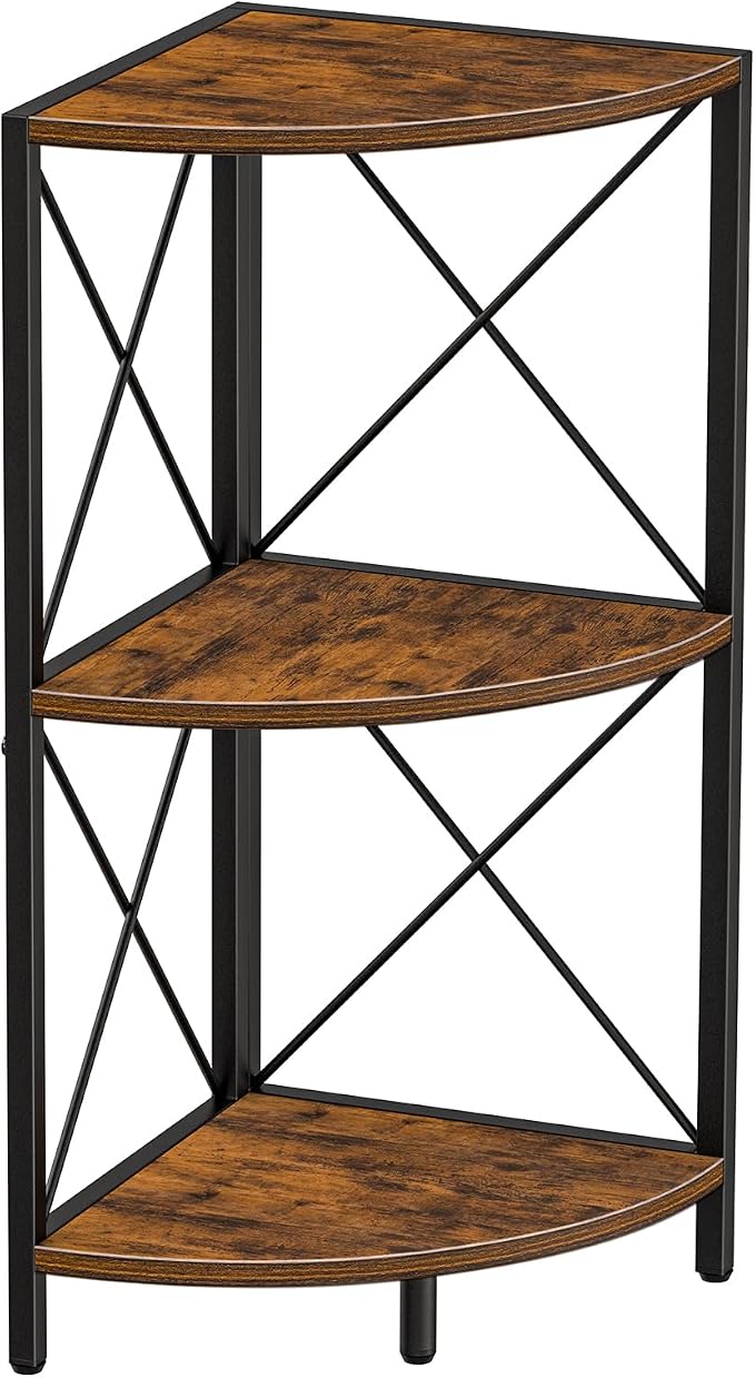 Snughome Corner Shelf with Metal Frame, 3 Tier Rustic Corner Storage Organizer, Freestanding Corner Bookshelf Stand Display Rack for Kitchen, Living Room