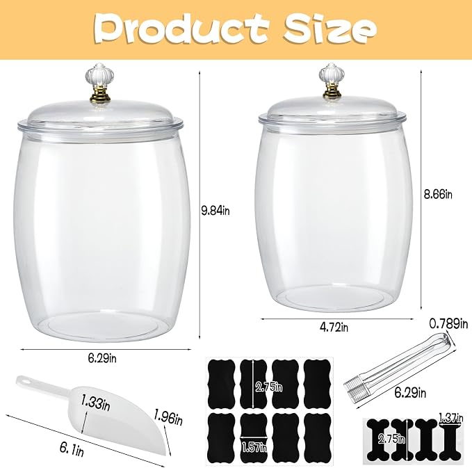 2 Pack Dog Treat Container Airtight, Dog Food Storage Container Dog Treat Jar with Lid 9.8x6.3 & 8.6x5.3 inch Clear Dog Cookie Jar with Scoops,Clamp,Labels for Dog Cat Bird and other Pet