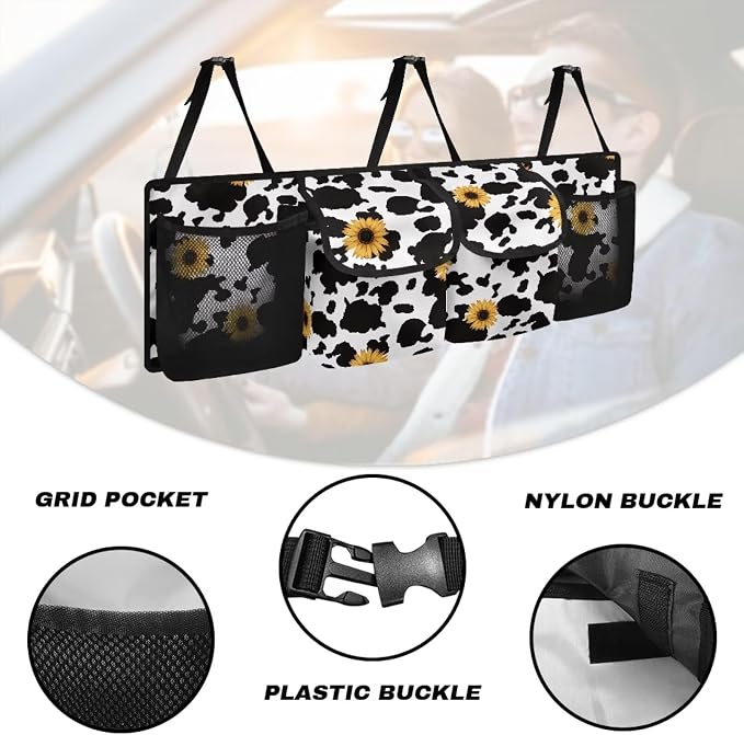 Cow Print Sunflower Car Organizers Storage - Hanging Trunk Bag, 4-Section Back Seat Design Car/SUV/Truck Accessories