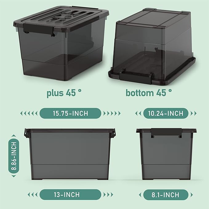 17 Qt Stackable Storage Bins with Lids, Black Clear Locking Plastic Storage Containers with Latches, Organizer Totes for Closet Pantry Bedroom Garage, Space Saving Nesting Storage Box（4 Pack）