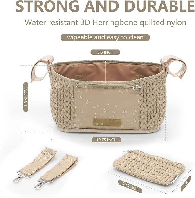Stroller Organizer - Stylish 3D Herringbone Quilting Nylon, Universal Fit, Detachable Bag, Adjustable Multi-Storage for Baby Essentials