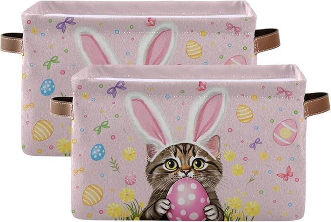 Pink Easter Bunny Rabbit Storage Basket with Waterproof Liner and PU Handles Happy Easter Day Eggs Lily Flowers Storage Bins Boxes 14.2" Collapsible Decorative Organizer Baskets for Closet 2 Pack