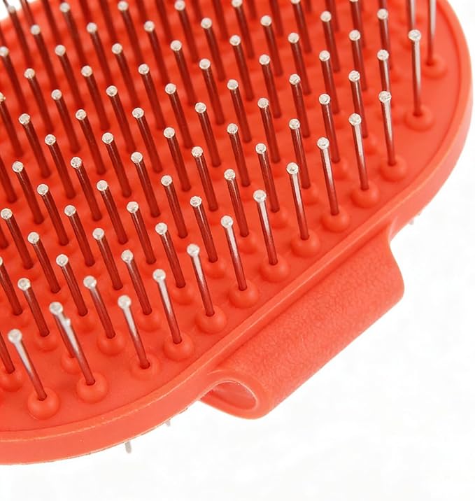 Pet Rubber Grooming Brush Bath Brush Massager with Adjustable Loop Handle Stainless Steel Pin, Random Color