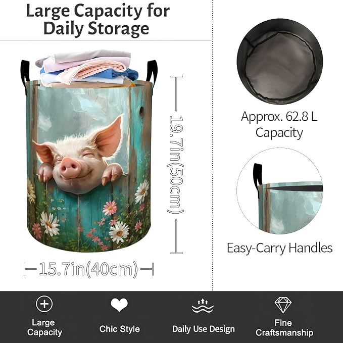 Cute Pig Laundry Basket, Rustic Daisy Floral Foldable Oxford Cloth, Waterproof Dirty Clothes Hamper with Handles, Clothing Storage Bin Toy Organizer for Bedroom Dorm Bathroom, 19.7"x15.7"