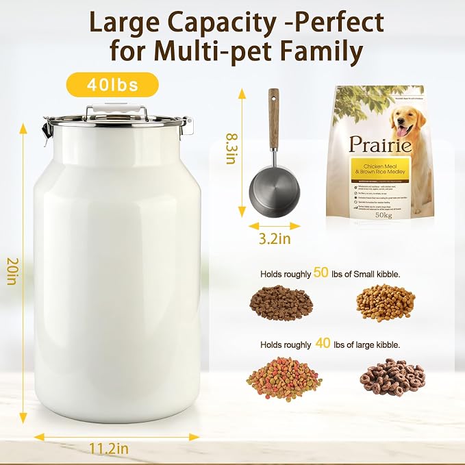 Dog-Cat Food Storage Container 40 lb, Large Stainless Steel Bin | 38 Qt 304 stainless steel bin holds up to 40 lb of dry pet food; silicone-sealed airtight lid; 1-cup wood-handled scoop.