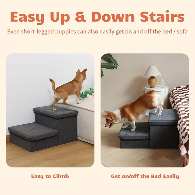 Foldable Dog Stairs with Storage | 2-Step Non-Slip Pet Steps for High Beds and Couch, Hidden Storage Dog Ladder for Small & Medium Dogs, Cats, Grey