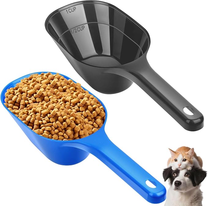 2 PACK Dog Food Scoop, 1 Cup Pet Food Scoop With Measuring Lines | Black and Blue, Clear Markings for Precise Measuring 1/2 and 1 Cup Line,Dishwasher Safe,Plastic,Portable and Sturdy