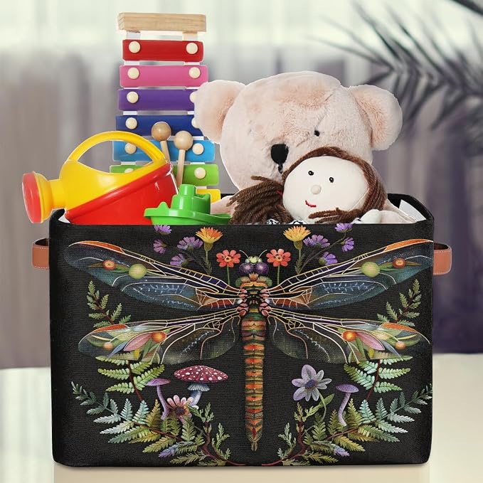 Pardick Basket Storage Bins Animal Dragonfly Rectangle Cube Basket Box Kids Girls Boys Toys Organizer Beaket Decor Foldable with Handle for Living Room Bedroom Closet Nursery Office Shelf Gifts