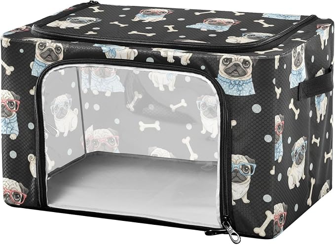 Cute Pets Pugs Black print Under Bed Storage Containers with Double Zipper Openings, Foldable Clothes Storage Bins with Clear Window and Handles for Blankets Bedding Comforters
