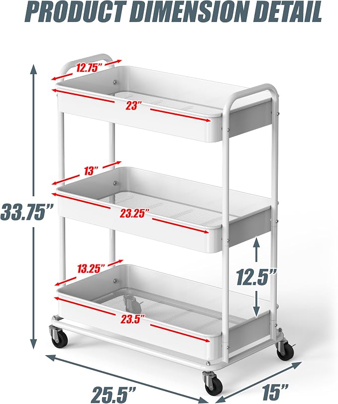 Simple Houseware 26" Extra-Wide 3-Tier Heavy Duty Metal Utility Cart, White | High-Capacity Rolling Cart Organizer for Spa, Salon, Office, and Home Storage