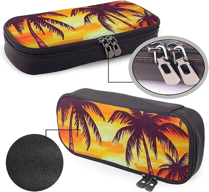 Leather Pencil Case Organizer Big Capacity Pencil Pouch Storage Bag With Compartments Cute Pencil Bag Sunset Palm Tree Pen Box Portable Cosmetic Makeup Bag Organizer