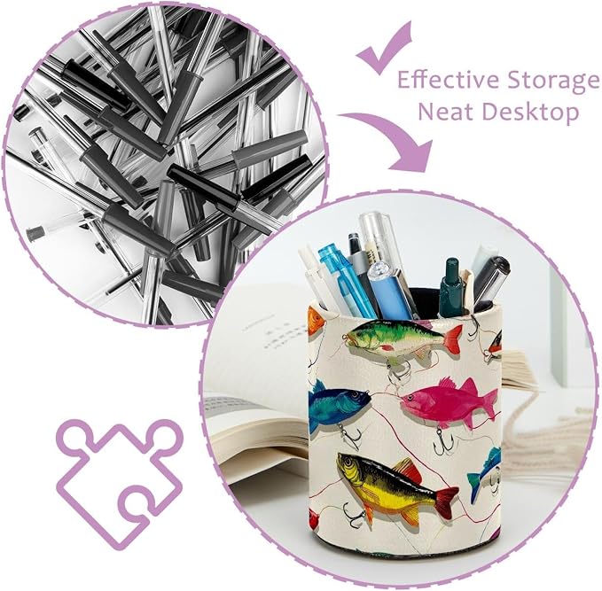 Faux Leather Pen Holder for Desk, Pencil Organizer Fish Pen Cup Desk Decor Makeup Brush Holder Storage for Office Home
