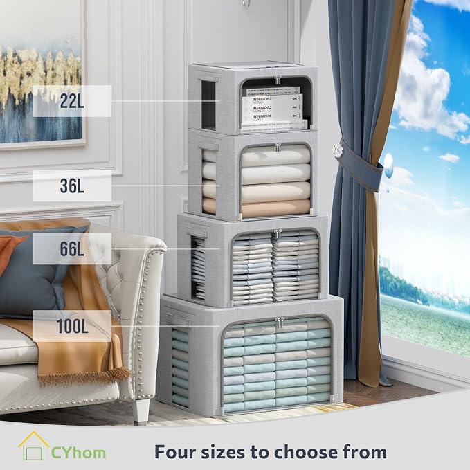 CYhom 3Pack Foldable Storage Bins - Frame Storage Box Linen Fabric Stackable Clothes Container Organizer with Clear Window & Carry Handles Large Capacity (Large-66L, Light Grey)