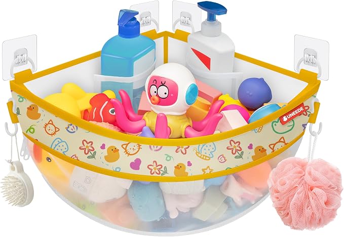 UNEEDE 4.32 Gallons Duck Print Corner Mounted Bath Toy Storage Holder | Yellow Mesh Shower Caddy for Bathtub Organizer, Quick Dry Holder
