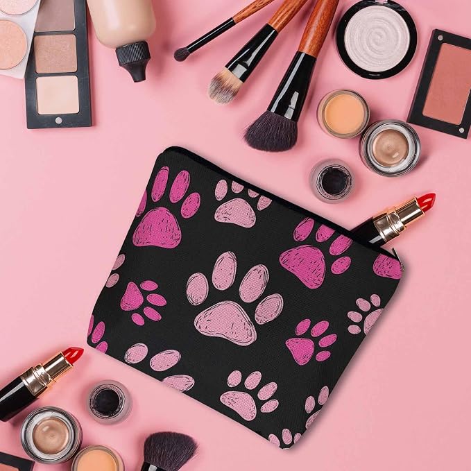 Women Cosmetic Bag Dog Paw, Pet Cat Paws Dog Prints Footprint Cute Makeup Bag For Purse Cosmetic Travel Bag For Toiletries Makeup Storage Bag Flax Skincare Bag Make Up Pouch Bags, Pink Black
