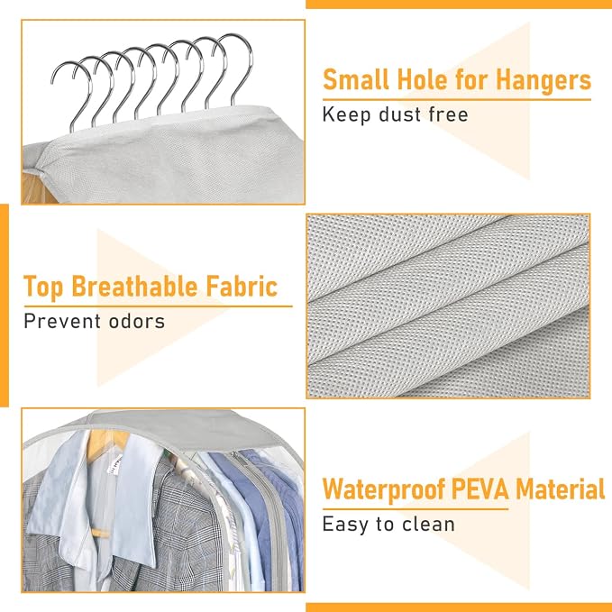 MISSLO 10" Gusseted Garment Bags for Hanging Clothes 40" Clear Suit Bags for Closet Storage Suits Cover Coat Protector, 3 Packs, Grey