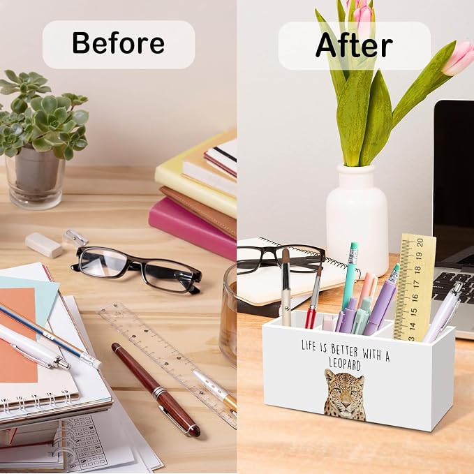 Preppy Leopard Pen Pencil Holder for Desk, Funky Cheetah Office Desk Accessories, Trendy Life Is Better with a Leopard Pen Holders Organizer for Women Bathroom Decor