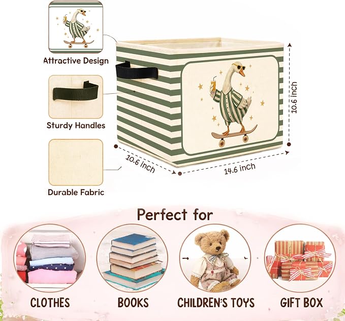 Skateboard Goose Storage Bin, Foldable Fabric Basket for Kids Room | Foldable fabric storage bin with funny goose design for toys, books, clothes, nursery, bedroom, and playroom use.