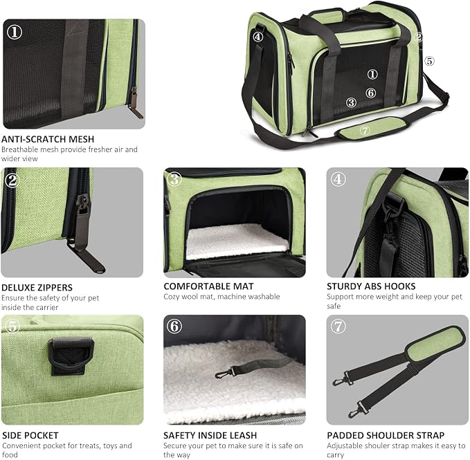 Henkelion Pet Carrier for Small Medium Cats Dogs Puppies up to 15 Lbs, Airline Approved Small Dog Carrier Soft Sided, Collapsible Travel Puppy Carrier - Green (Pack of 2)