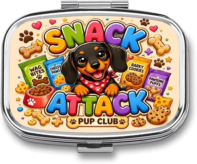 Snack Pup Party Fun Two Compartment Pill Box Medicine Organizer, Portable Pill Case with Secure Snap Closure for Vitamins Medication Supplements Daily Use