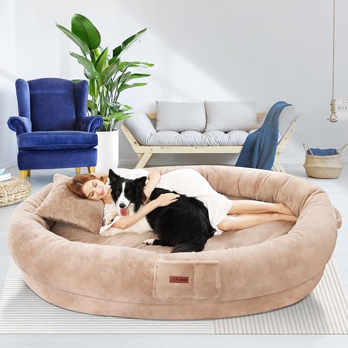 Fvkind Human Sized Dog Bed, Dog Bed for Humans, 71"x51"x12", Khaki | Human Size Dog Bed for People, Large Human Dog Bed, Blanket and Pillow, Thick Orthopedic Foam, Washable Faux Fur Cover
