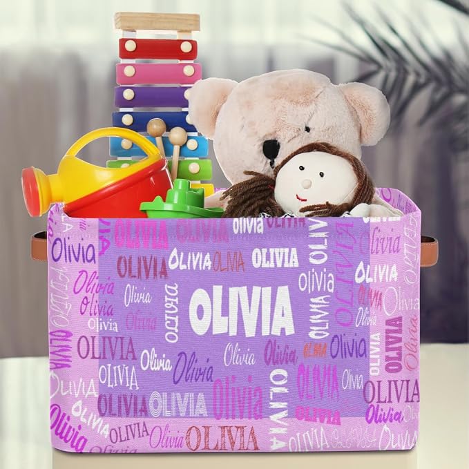 Custom Name Foldable Storage Basket, Laundry Hamper Purple and Pink | Organizing Boys Girls Pets Toys Closet Shelf Clothes Books