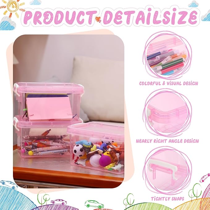 6 Pack Colorful Plastic Storage Bins with Lids 4 Quart Small Storage Latch Box Stackable and Nestable Clear Organizer Bins with Latching Handle and Buckle for Organizing(Pink)