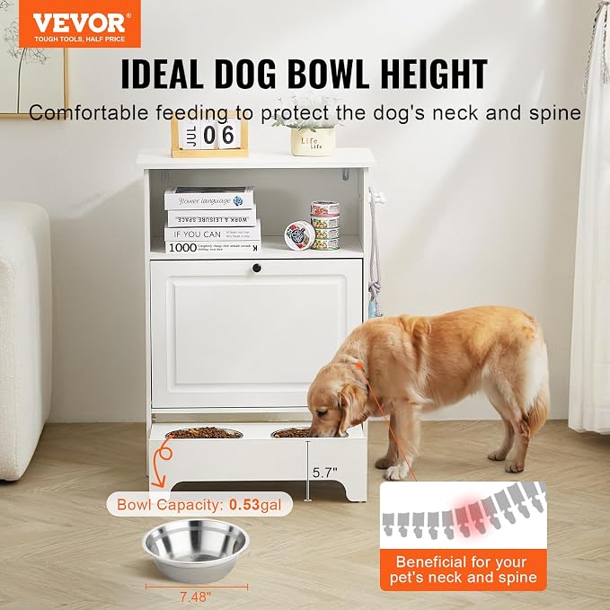 VEVOR Pet Feeding Station with 2 Elevated Dog Bowls, Raised Dog Bowls Stand with Storage, Food Cabinet with Hidden Pull-Out Bowl, Feeder Station, Pet Toy Storage Organizer for Dogs Cats, White