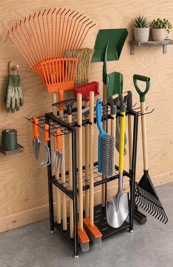 Faesun Garden Tool Organizer, 3-Tier Metal Yard Tool Rack with 14 Hooks & 5 Slots, Holds 50+ Rakes/Shovels/Brooms, Heavy Duty Freestanding Lawn Tool Storage for Garage Shed Outdoor Organization