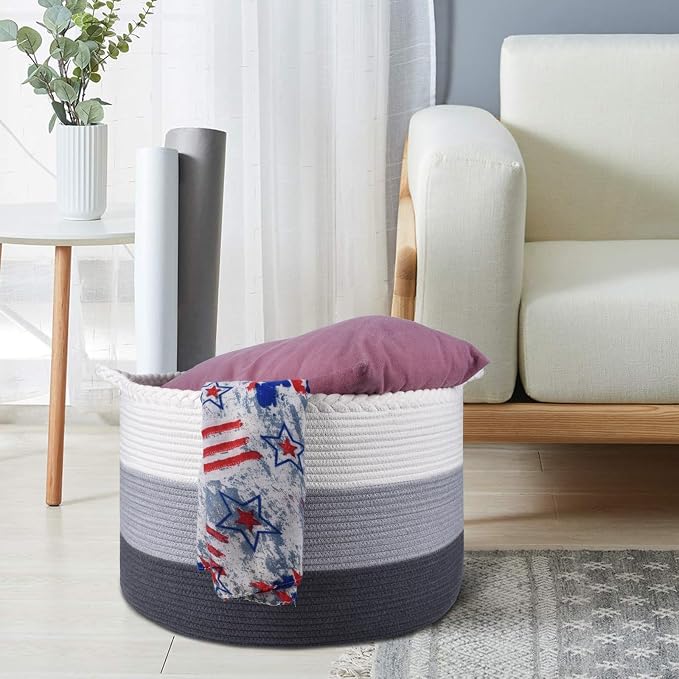 COMSE Large Woven Blanket & Laundry Basket, 87L, White & Gray | 21.7" x 13.8", Cotton Rope, Nursery Hamper for Storage of Toys Clothes Towels, Ideal for Living Room Bedroom Bathroom