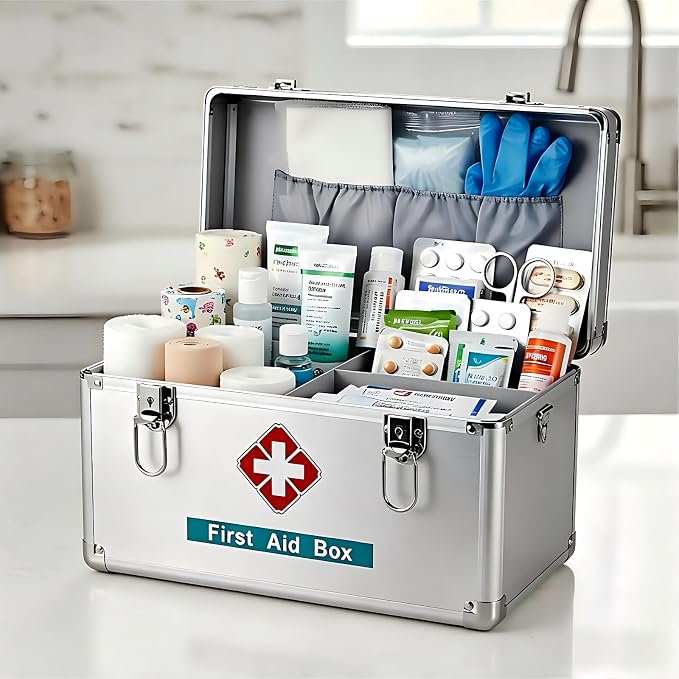 Metal First Aid Box Empty Aluminum Medicine Box Lock with Keys, 12.2 * 7.08 * 7.08” Medium Size Container with Handle, First Aid Kit Box Organizer, Silver