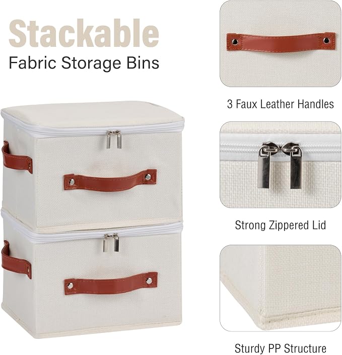 3PCS Storage Bins Boxes with Zippered Lid Decorative Baskets | Cotton Linen Fabric, Washable Foldable Stackable Clothes Container, Closet Shelf Organizer w/ PU Leather Handles, Beige-Small
