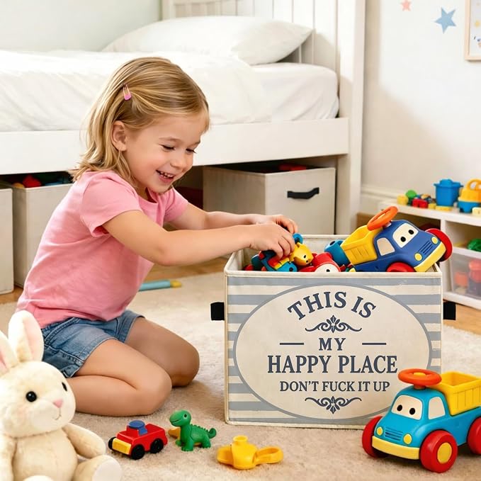 Happy Place Storage Bin, Foldable Fabric Basket for Home Organization | Foldable fabric storage bin with happy place quote design for toys, books, clothes, bedroom, closet, living room, and office.