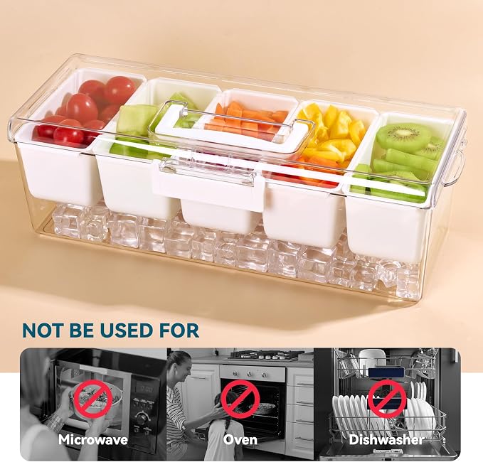 Chilled Condiment Caddy Server with 5 Removable Compartments Containers | Ice Chilled Condiment Tray Organizer, Hidden Handle Design, Garnish Tray Multi-Purpose for Camping, Kitchen, Fruit, Salad