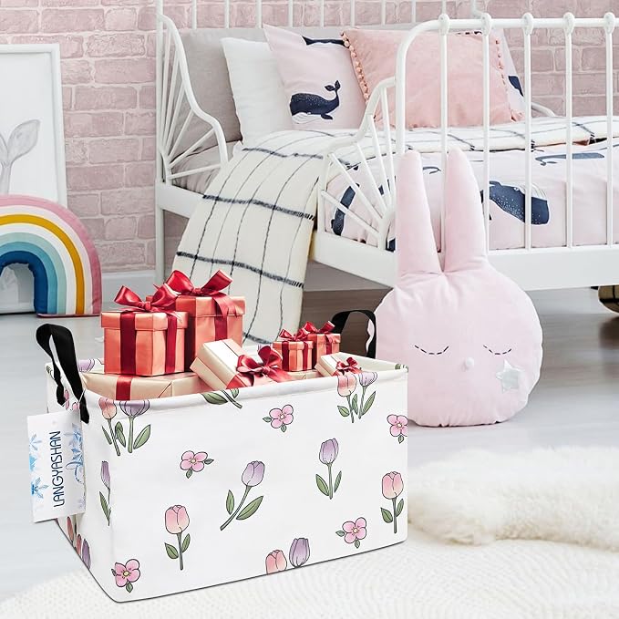 Rectangular Collapsible Romantic Tulip Storage Basket Nursery Organizer | Storage Bin Foldable Canvas with Handles for Organizing Home Kitchen Children Toys Office Closet Shelf Baskets