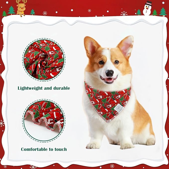 E-Clover Christmas Dog Bandanas & Matching Scrunchie Set Green Red Dog Scarf Bibs Pet Bandana with Bow Tie for Medium Large Dogs Owner Mom Winter
