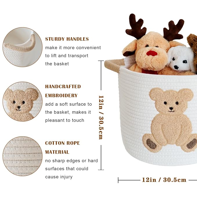Cotton Rope Basket Toy Storage Baskets for kids Laundry Hamper, Gift Basket Empty Baby Shower Baskets with Handles, Cute Bins Blanket Stuffed Animal Storage for Nursery, Living Room Decor, Bear