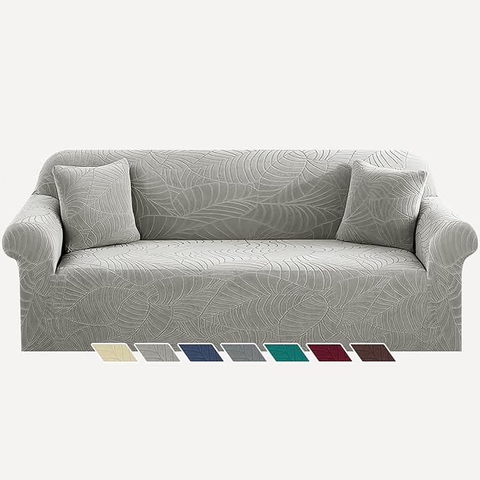 YEMYHOM Couch Cover Latest Jacquard Design High Stretch Extra Large Sofa Covers Pet Dog Cat Proof Oversized Slipcover Non Slip Magic Elastic Furniture Protector (X-Large, Begonia Leaf Light Gray)