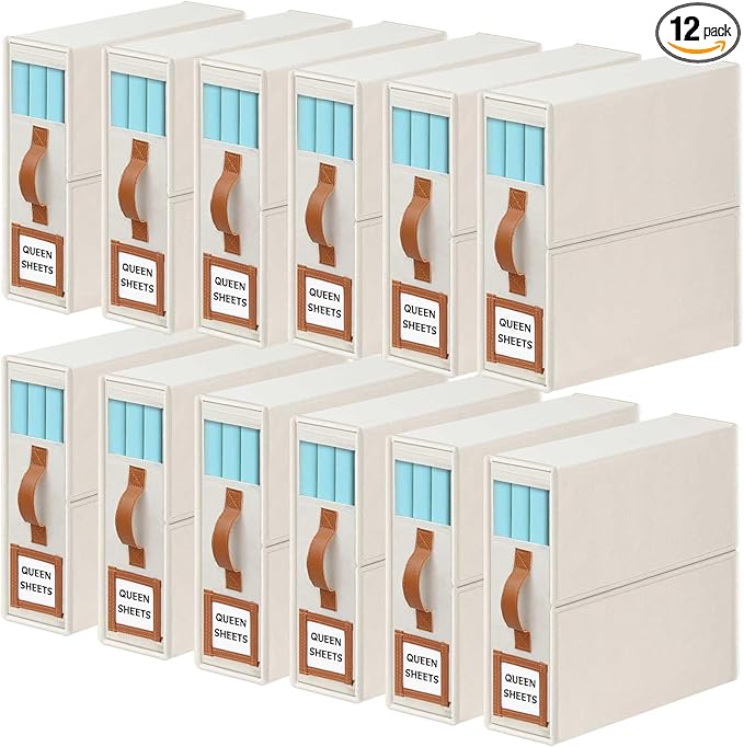 GhvyenntteS 12 Pack Bed Sheet Organizers and Storage, Sturdy Bed Sheet Organizer with Zipper and Handle, Foldable Linen Closet Organizers and Storage with Window and Label, Beige