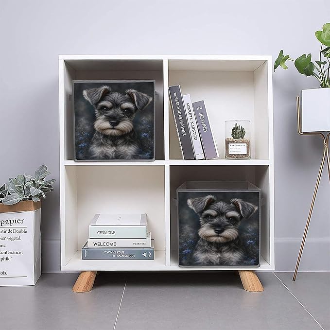 Schnauzer Dog Portrait With Blue Flowers Storage Bin with Handles, Oxford Fabric Foldable Storage Cube Organizer for Clothes, Towels, Bedroom, Living Room, Home Organization