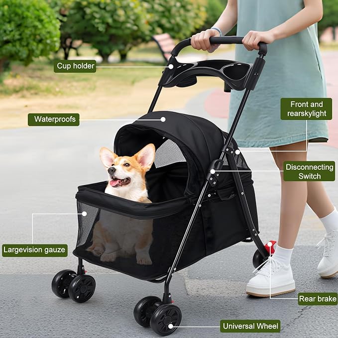 4‑Wheel Foldable Pet Stroller, Travel Strolling Cart for Small & Medium Dog | Breathable Visible Mesh Window, Cup Holder & Storage Basket, Rear Wheel Dual Brake, Portable Folding Design Black