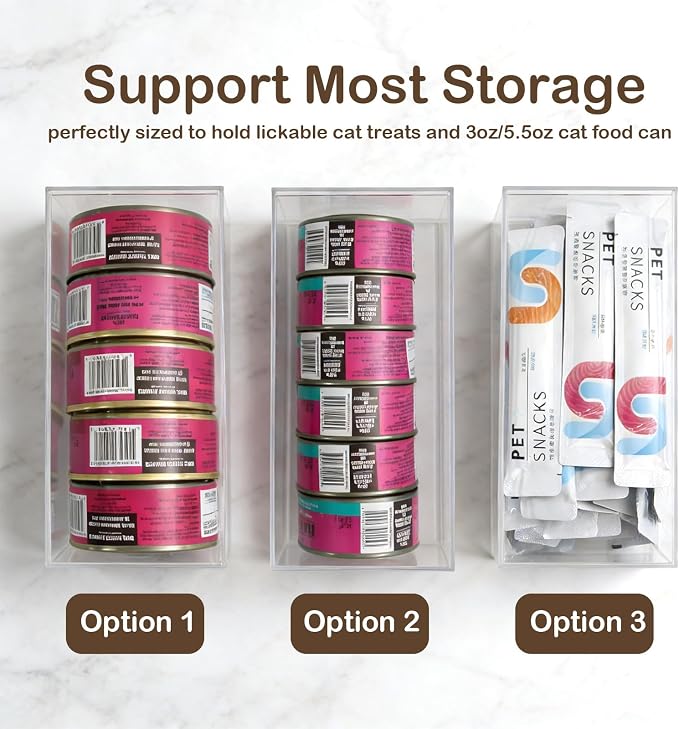 【UPGRADED】 2 Pack Acrylic Cat Treat Container, Openable Lickable Cat Treats Organizer, Dustproof Cat Food Can Organizer, Cat Treats Jar Pet Treat Container for Kitchen Cabinet Pantry Shelf