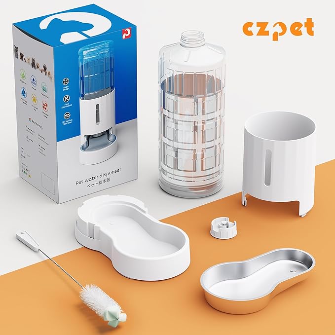 CZPET Dog Water Bowl Dispenser 9.5L, Wider Mouth & Upgraded Brush, Easy Cleaning Automatic Cat Gravity Refilling Waterer with Removable Stainless Steel Bowl, Large Drinking Area for Multi-Pet (White)